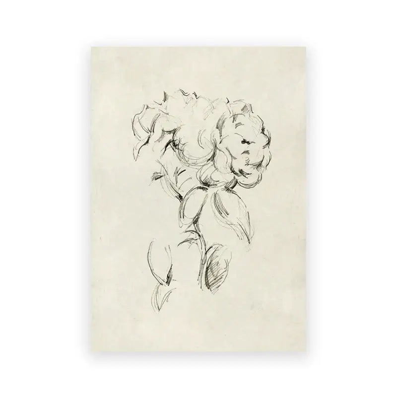 A delicate black ink sketch of a blooming peony on cream paper complements decorbites vintage summer landscape oil painting print for gallery wall