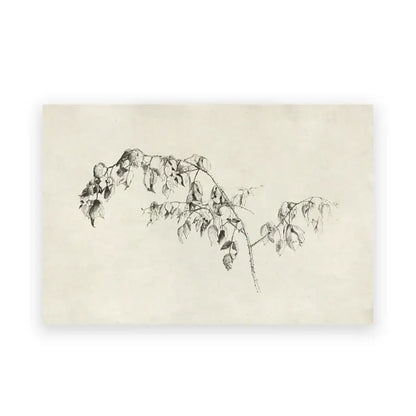 A delicate black ink sketch of a leafy branch on aged paper in the decorbites™ vintage summer landscape oil painting print