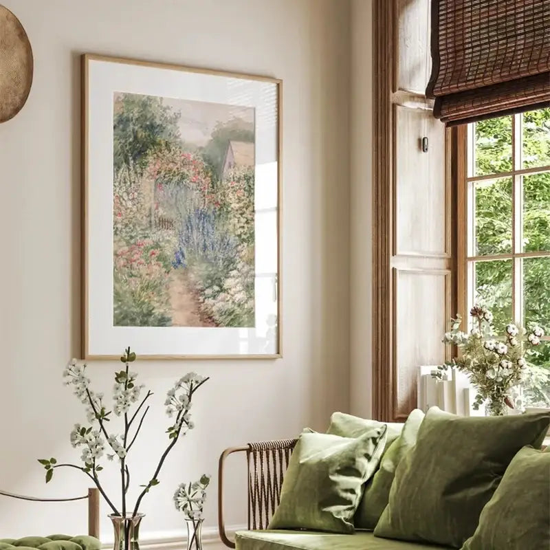 A framed oil painting summer landscape print by decorbites featuring a lush garden path in a gold frame for gallery wall