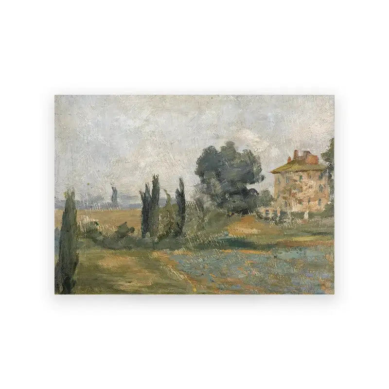 Decorbites™ vintage summer landscape oil painting print of a rustic stone house with cypress trees for gallery wall decor