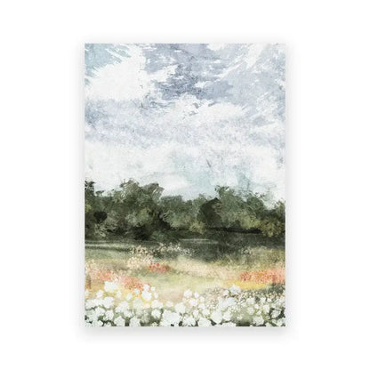 Decorbites™ vintage summer landscape oil painting print of a watercolor field of white and pink flowers under gray sky