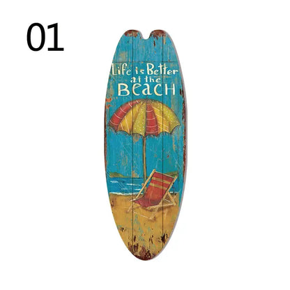 Decorbites vintage surfboard door sign in blue and yellow wood with life is better at the beach design for door sign use
