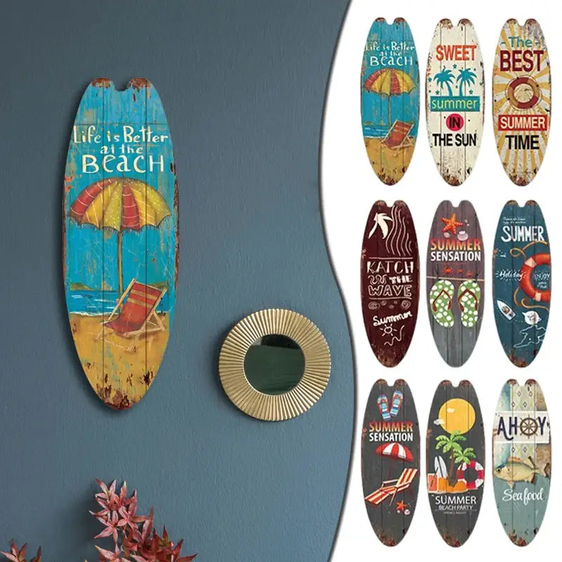 Decorbites vintage surfboard door sign in blue and yellow with beach scene and life is better at the beach text