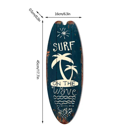 Dark blue vintage surfboard door sign with white palm trees sun design and surf on the wave lettering for beach home decor
