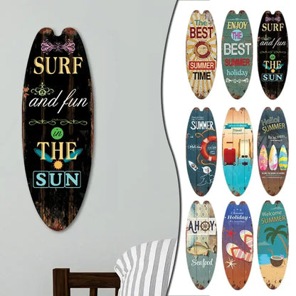 DecorBites vintage surfboard door sign in dark wood with distressed finish and colorful retro summer text for beach home