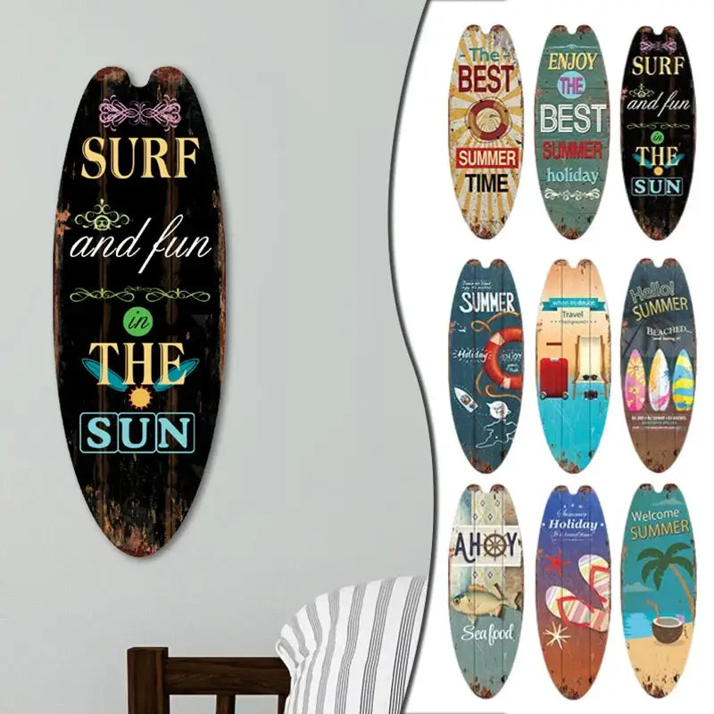 DecorBites vintage surfboard door sign in dark wood with distressed finish and colorful retro summer text for beach home