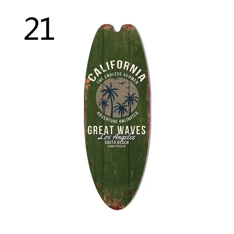 Green distressed wood vintage surfboard door sign with california beach theme for beach home decor