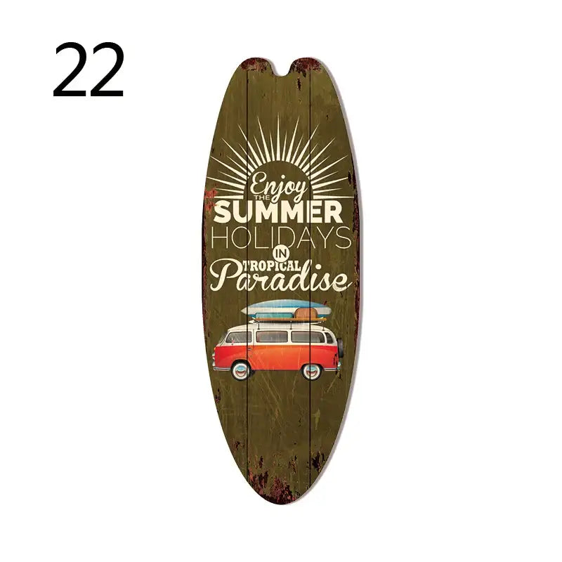 Rustic green wooden vintage surfboard door sign featuring a red van with surfboards and summer holiday text for beach home