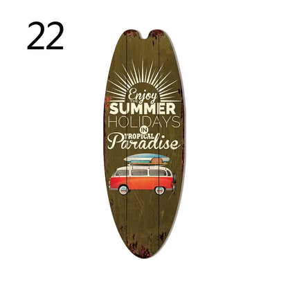 Rustic green wooden vintage surfboard door sign featuring a red van with surfboards and summer holiday text for beach home