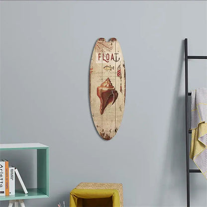 Vintage surfboard door sign by decorbites featuring distressed beige and brown finish with nautical imagery for beach home decor