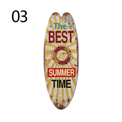 Vintage surfboard door sign metal with distressed yellow white sunburst and red life preserver for beach home decor