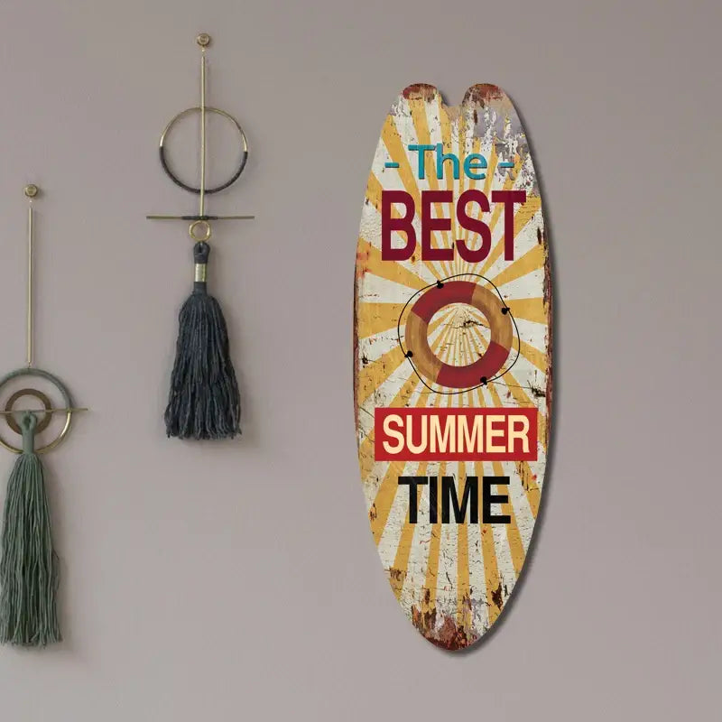 Decorbites vintage surfboard door sign with sunburst pattern and distressed wood featuring bold red and black text