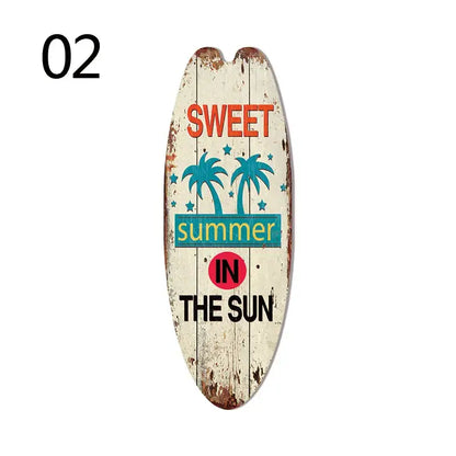 Weathered white wooden vintage surfboard door sign with teal palm trees and colorful summer text for beach home decor