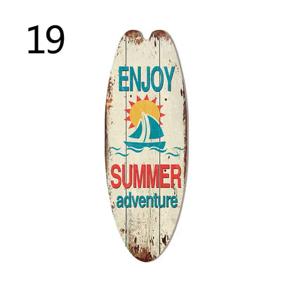 Weathered white wooden vintage surfboard door sign with teal enjoy text sun and sailboat decorbite™ for beach home