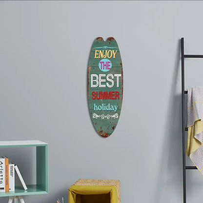 Decorbites™ vintage teal surfboard door sign with distressed wood texture and colorful enjoy the best summer holiday text