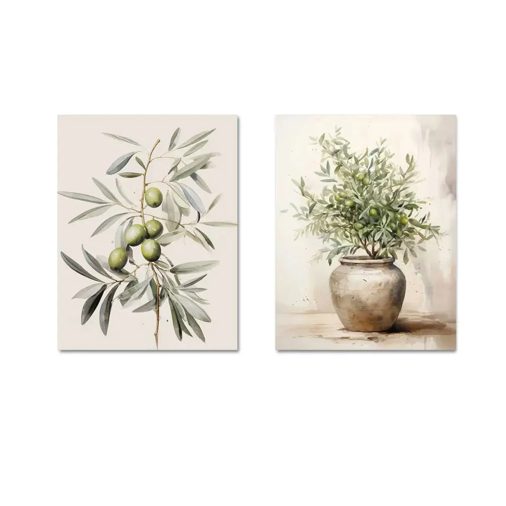 Two framed vintage watercolor olive branch prints with muted greens on cream backgrounds and rustic ceramic pots