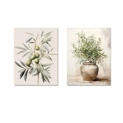 Two framed vintage watercolor olive branch prints with muted greens on cream backgrounds and rustic ceramic pots