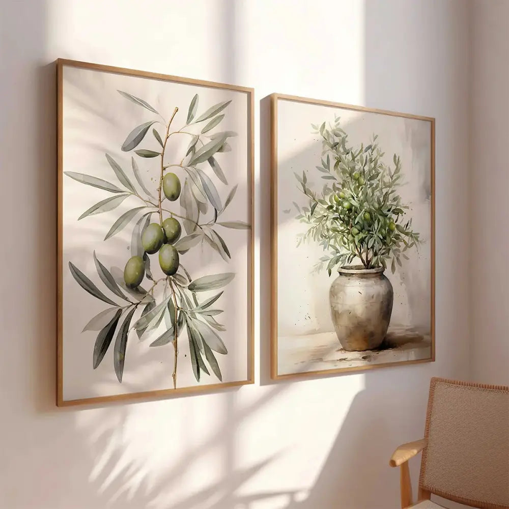 DecorBites vintage watercolor olive branch print set featuring two framed botanical prints in muted green and gray tones