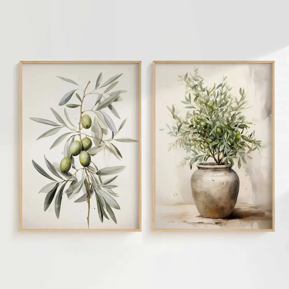 Two framed watercolor olive branch prints and a potted olive tree in light wood frames from decorbites™ vintage watercolor olive set