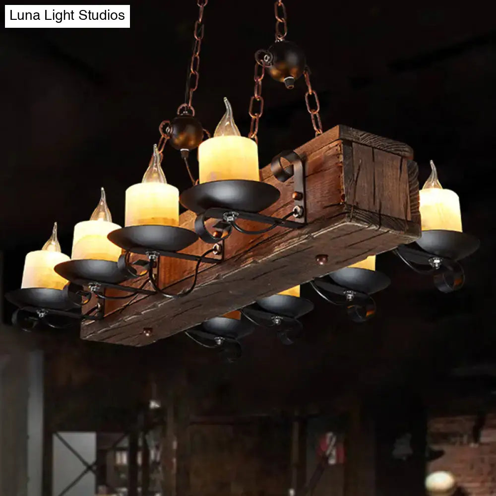 Rustic wooden chandelier with black metal accents and warm led incandescent candle bulbs for 110v-120v use