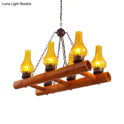 Decorbites™ vintage yellow crackle glass pendant light with amber oil lamps and bamboo ladder design on rustic wood frame