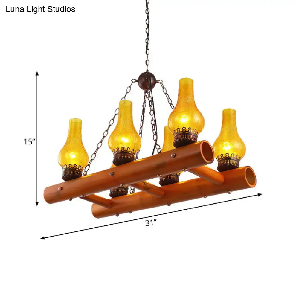 Rustic wooden pendant light with five yellow crackle glass oil lamps and bamboo ladder design by DecorBites™