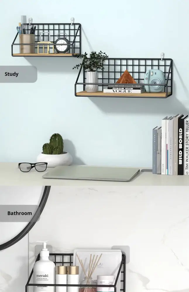 Decorbites wall mounted black metal grid shelves with wooden accents for organized storage and display