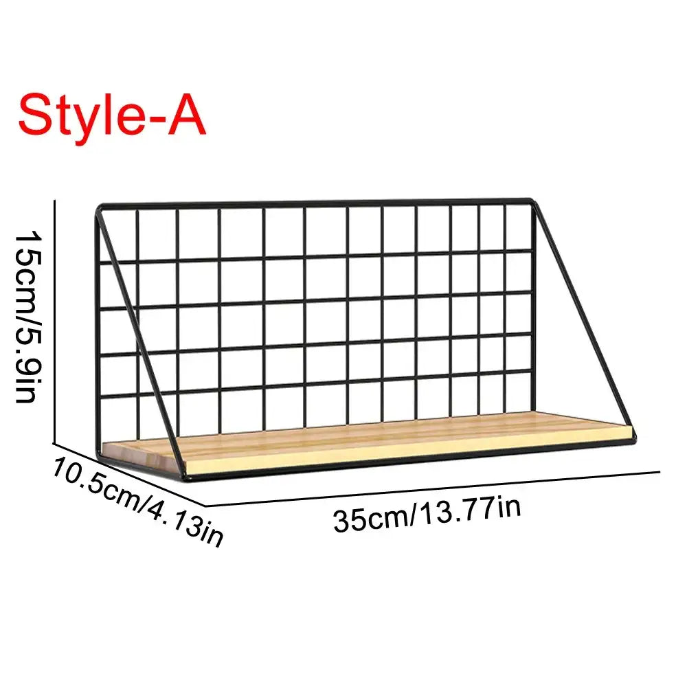 Decorbites™ wall mounted black metal grid shelves with light wood plank base for mounted shelves storage solution