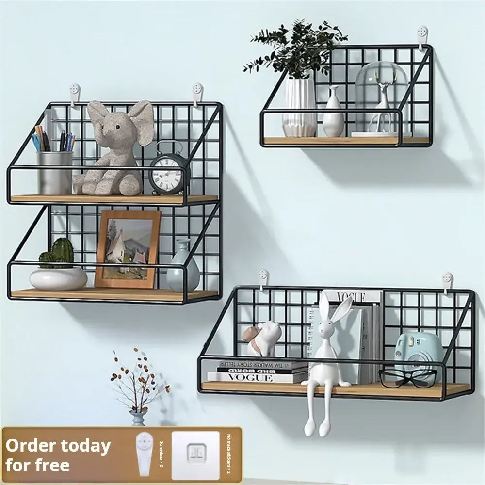 Decorbites™ wall mounted shelves with black metal grid and wooden slats for versatile mounted shelf storage