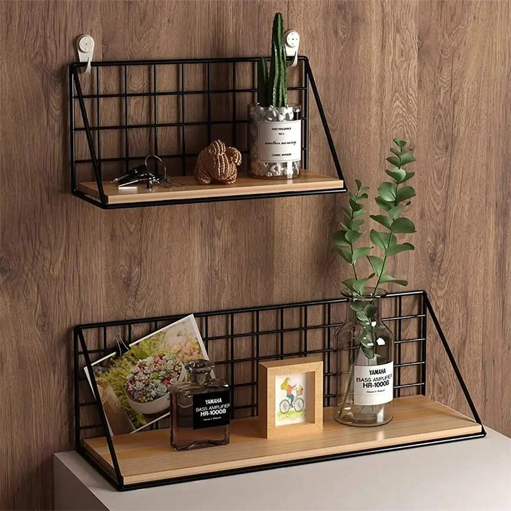 DecorBites™ black metal grid wall mounted shelves with light wood plank base for stylish wall mounted storage