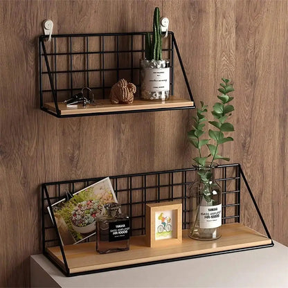 DecorBites™ black metal grid wall mounted shelves with light wood plank base for stylish wall mounted storage