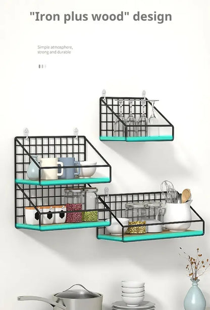 Decorbites™ wall mounted storage shelves with black metal grid frame and turquoise glass mounted shelves for modern decor
