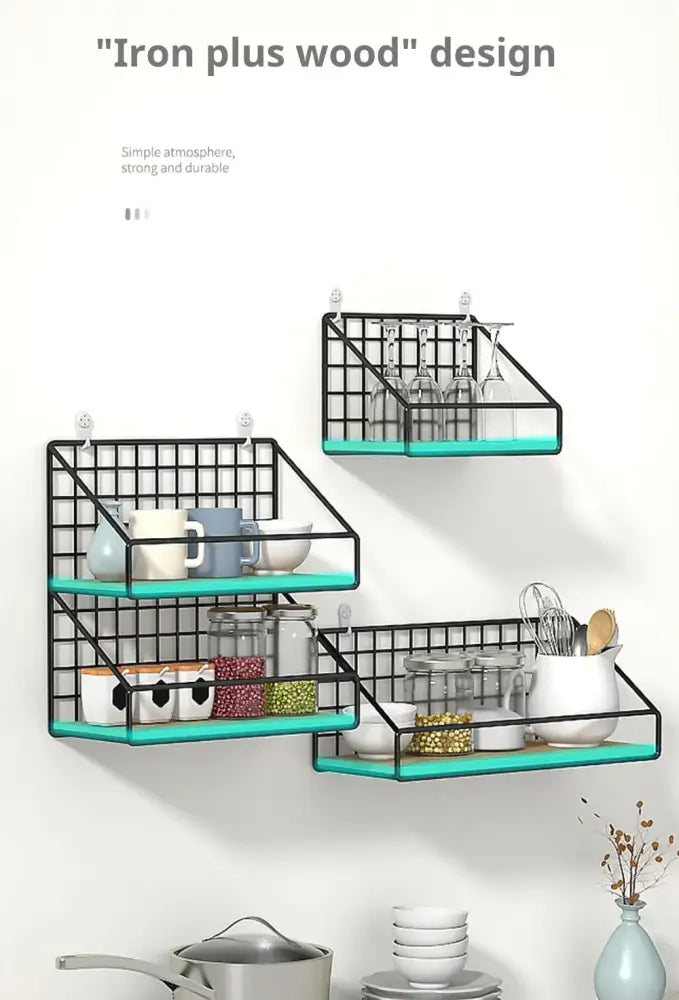 Decorbites™ wall mounted storage shelves with black metal grid frame and turquoise glass mounted shelves for modern decor