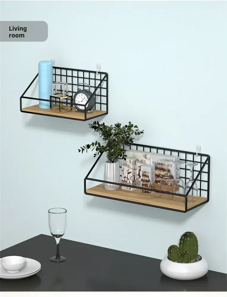 Black metal grid decorbites™ wall mounted shelves with wooden accents for modern mounted storage solutions