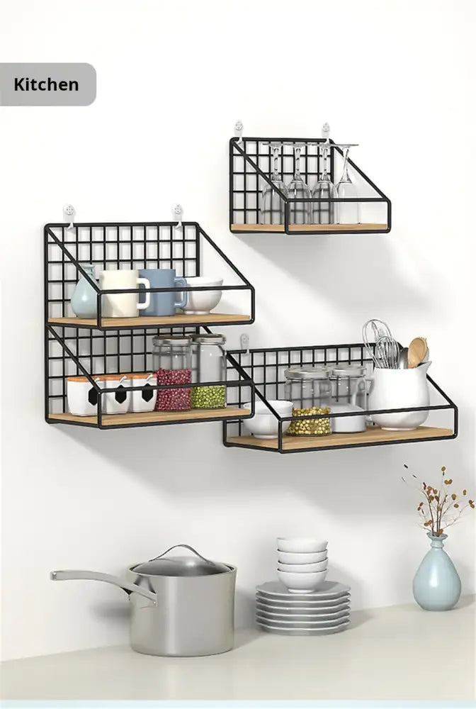 Decorbites™ wall mounted black metal grid shelves with wooden slats holding kitchenware for organized storage