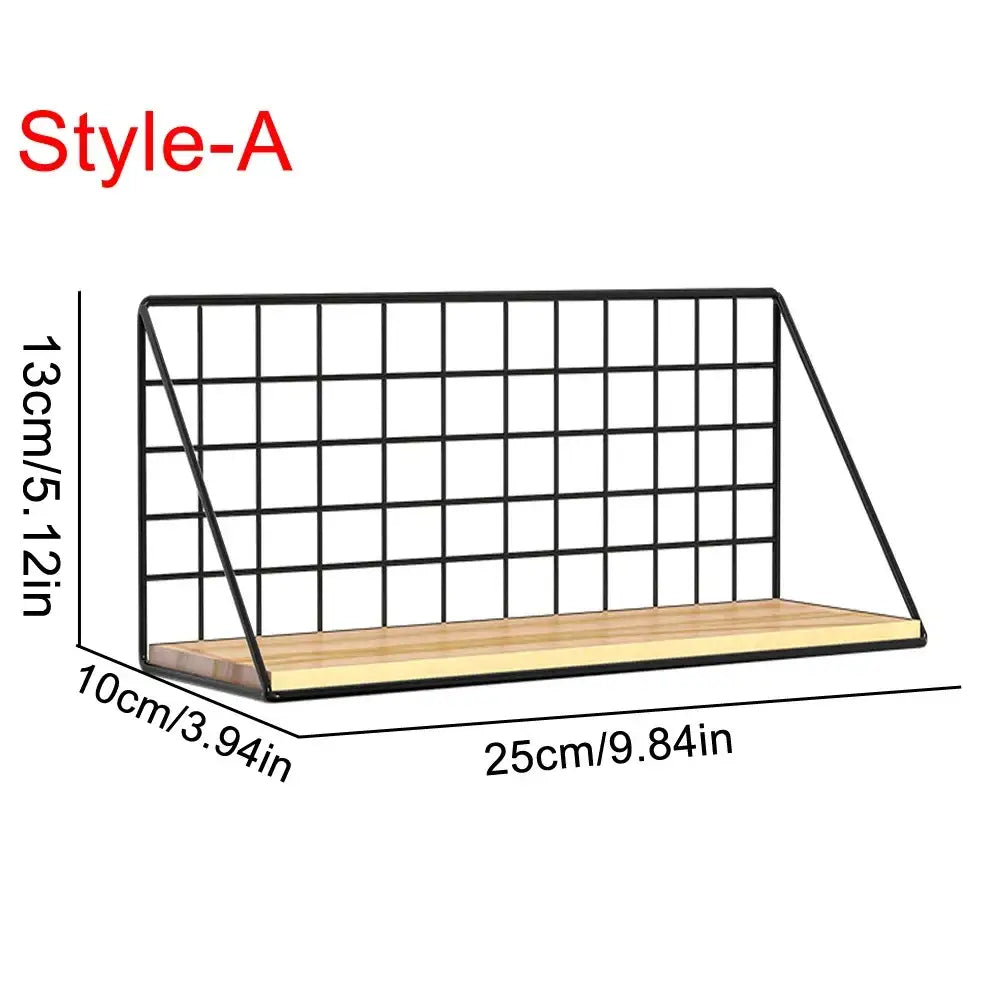 Black metal grid wall mounted shelves with a light wood plank base style-a from DecorBites wall mounted storage shelves