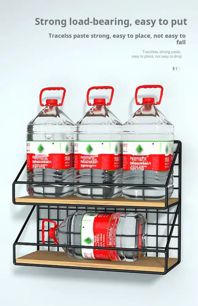 Decorbites™ black metal wall mounted shelves with wooden slats holding clear plastic water bottles on two tiers