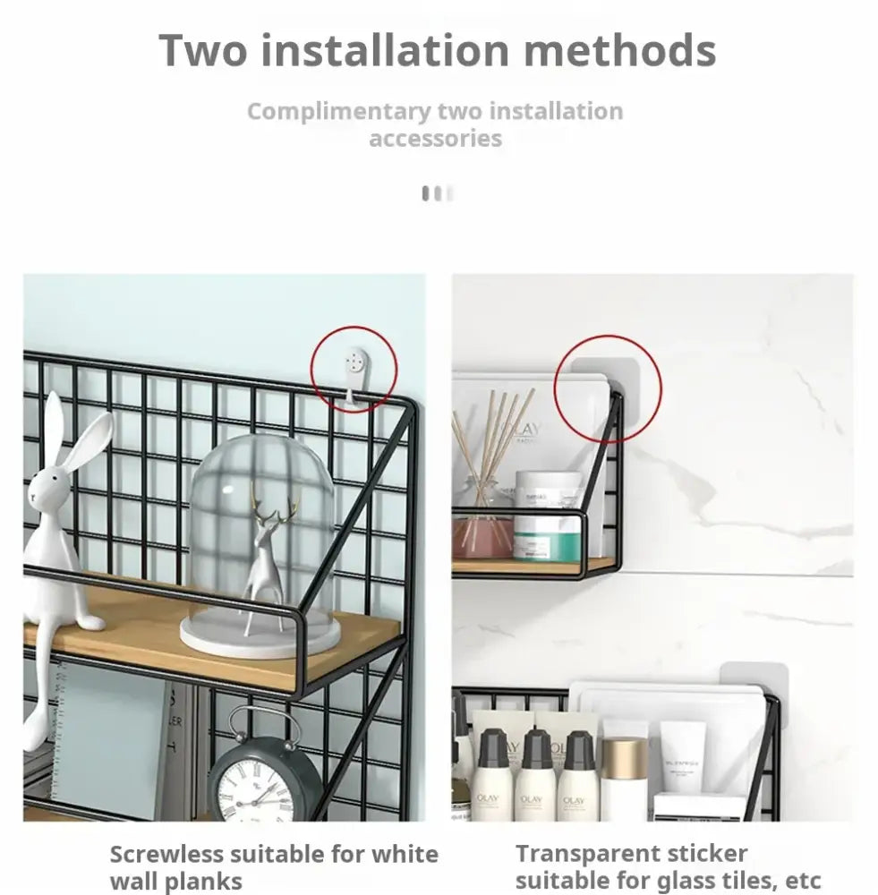 Black metal wire shelf with wooden slats and grid backing for decorbites™ wall mounted shelves and baskets