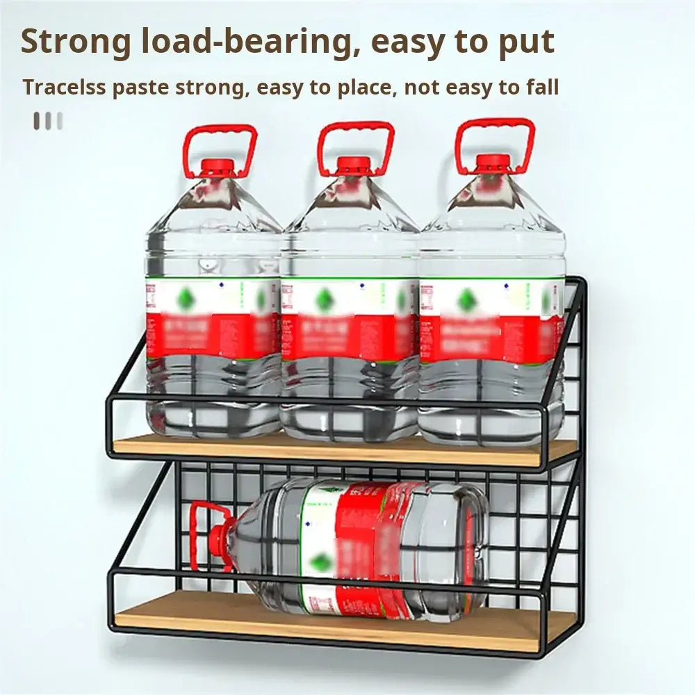 Decorbites™ black metal and wood two-tier wall mounted shelves holding clear plastic water jugs with red caps