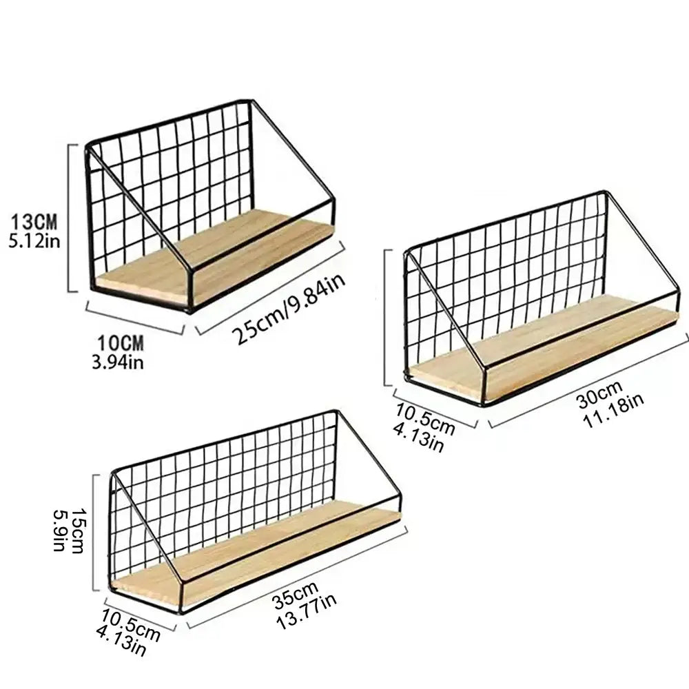 Decorbites™ wall mounted storage shelves feature black wire mesh with light wood accents as mounted shelves for organization