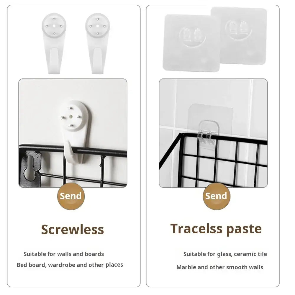 White plastic wall hooks with transparent adhesive pads for screwless mounting in decorbites™ wall mounted shelves