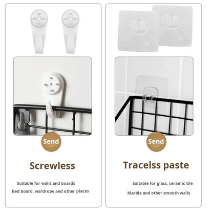White plastic wall hooks with transparent adhesive pads for screwless mounting in decorbites™ wall mounted shelves