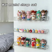 DecorBites™ clear acrylic wall mounted transparent storage rack holding colorful cartoon figurines