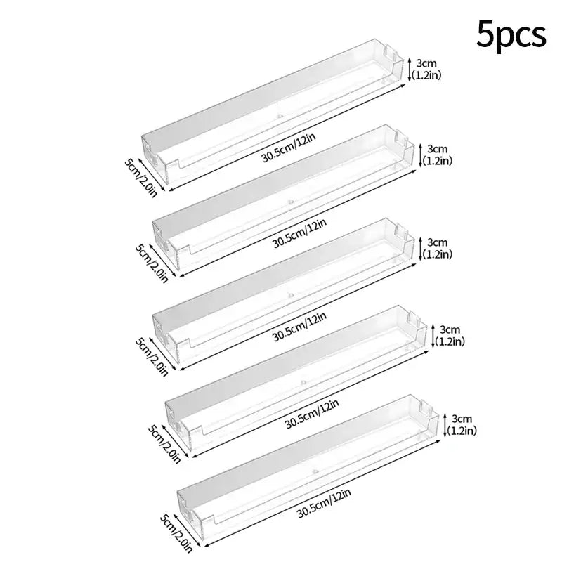 Decorbites™ wall mounted transparent storage rack with clear plastic trays measuring 30.5cm by 3cm by 5cm for organizing small items