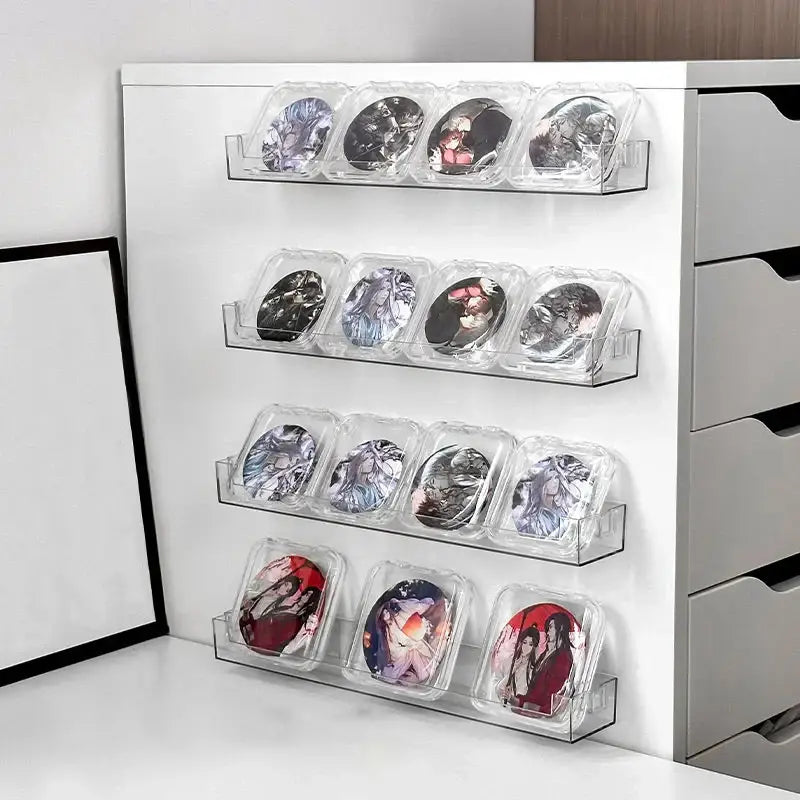 Clear acrylic wall mounted transparent storage rack by decorbites holding circular anime themed button badges