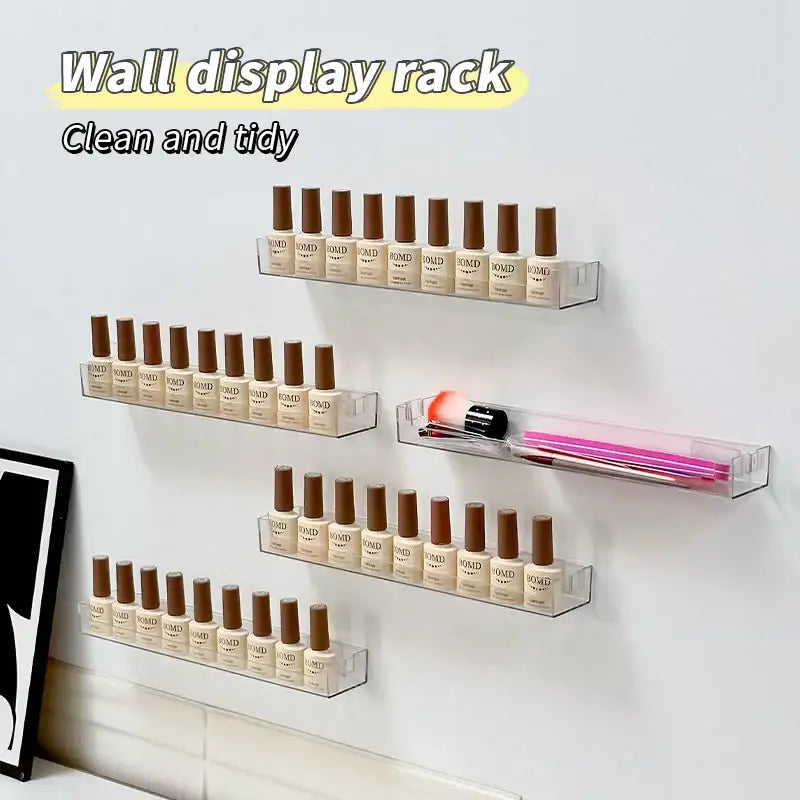Decorbites™ wall mounted transparent clear acrylic storage rack holding nail polish bottles and beauty tools