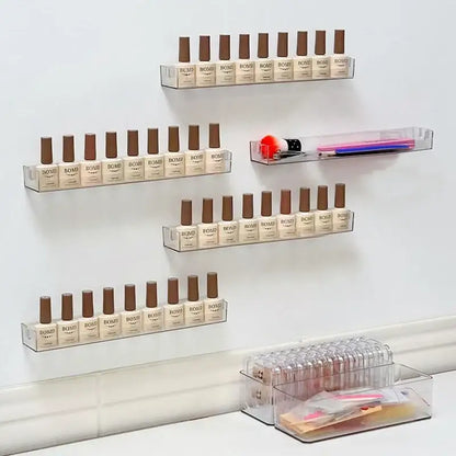 DecorBites™ wall mounted transparent acrylic storage rack holding multiple rows of beige bomb bottles with brown caps