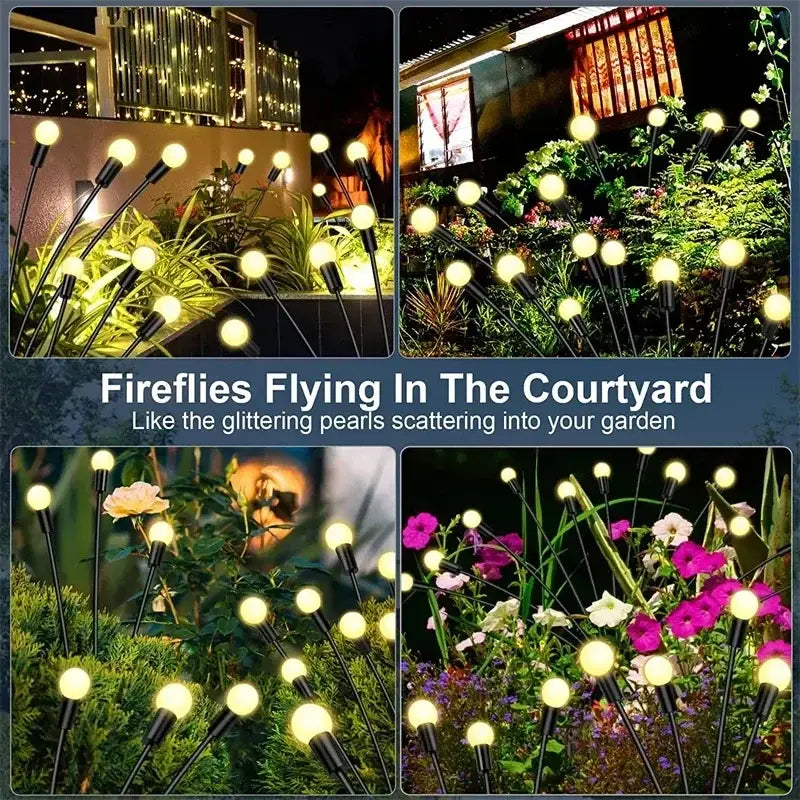 Black garden stakes with warm white solar led bulbs designed to mimic fireflies for outdoor solar led firework lights