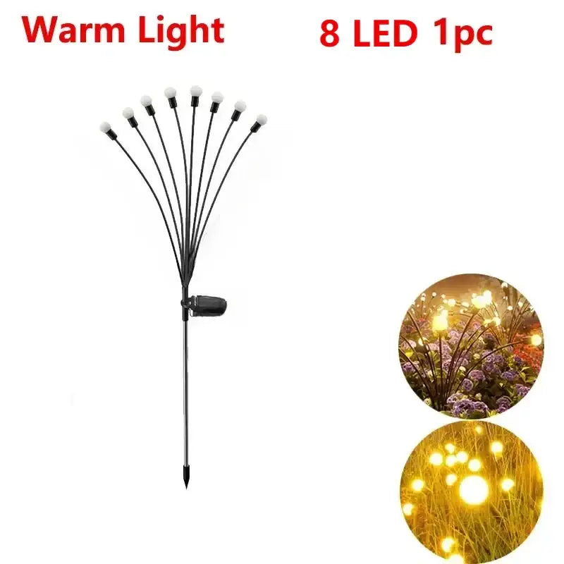 Decorbites™ warm white solar led firework lights with eight warm white led firework lights on a black garden stake