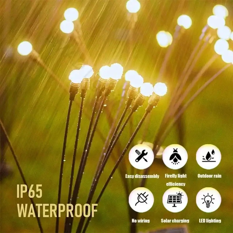 Decorbites™ warm white solar led firework lights with black stems designed for outdoor use and solar charging